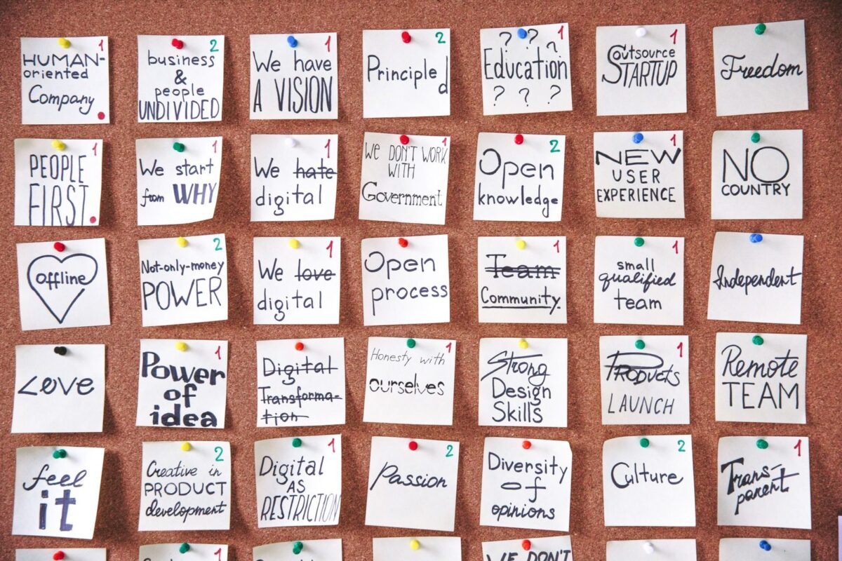 Sticky notes on a planning board mapping out the steps of a guest posting campaign